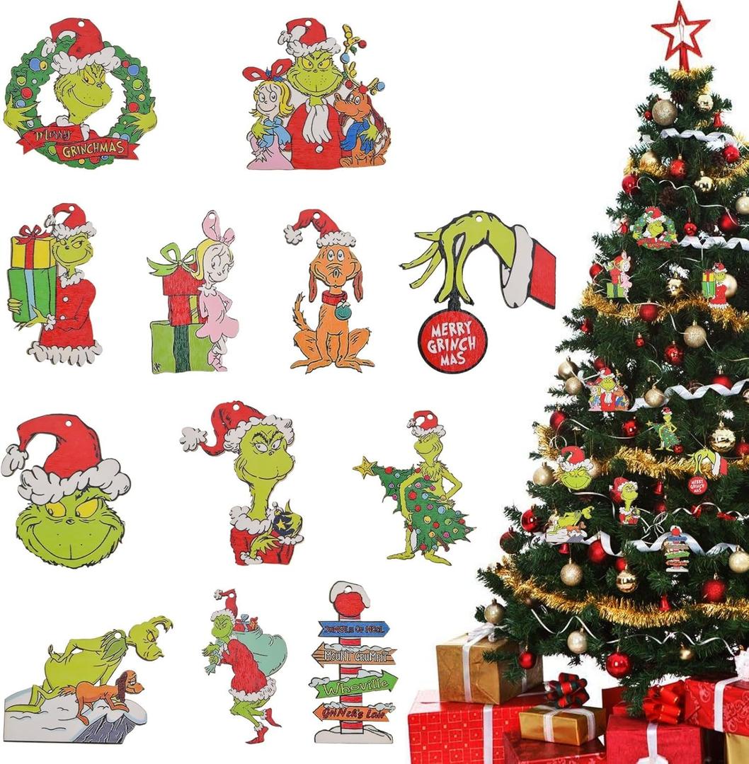 Griinch Ornaments for Christmas Tree Wood, Double-Sided Printing 24 Pcs Christmas Tree Decorations Hanging Ornaments for Tree Home Indoor Outdoor Decorations