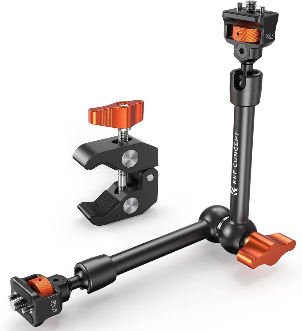 K&F CONCEPT 11" Magic Arm Clamp with Super Clamp ARRI 1/4" & 3/8" Thread Screw, 360 Ball Heads Arm with Clamp Mount for Monitor, LED Light, Webcam, Action Camera
