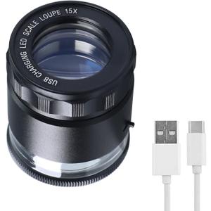 15X Jewelers Loupe with Light USB Rechargeable Metal Loupe Magnifier with Detachable Reticle Scale, 25mm Field of View, Adjustable Focus Eye Loupe Jewelry Magnifying Glass for Gems, Coins, Watches