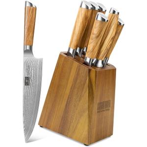 HOSHANHO Knife Set with Block 7-Piece, Professional 67-layer Damascus Super Steel Kitchen Knife Sets for Cooking, Ultra Sharp Knife Set with Sharpener