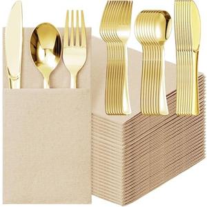 Tioncy 15 Pack Gold Plastic Silverware Set with Napkins, Linen Touch Napkins and Plastic Cutlery Set Gold Disposable Dinnerware with Forks Spoons Knives(Champagne)