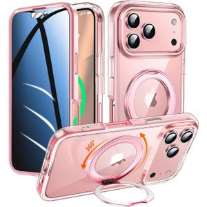 Privacy Case for iPhone 17 Pro Max with 360Stand [Built-in Anti Peeping Screen Protector] [Magnetic Ring ] Full Body Protective Phone 17ProMax Cover 6.9", Pink