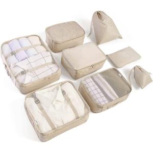 LANSKLBD 8 Set Packing Cubes for Suitcases Travel Luggage Packing Organizers,Travel Accessories Essentials Luggage Organizer with Shoe/Tioletry/Laundry Bag (Beige)