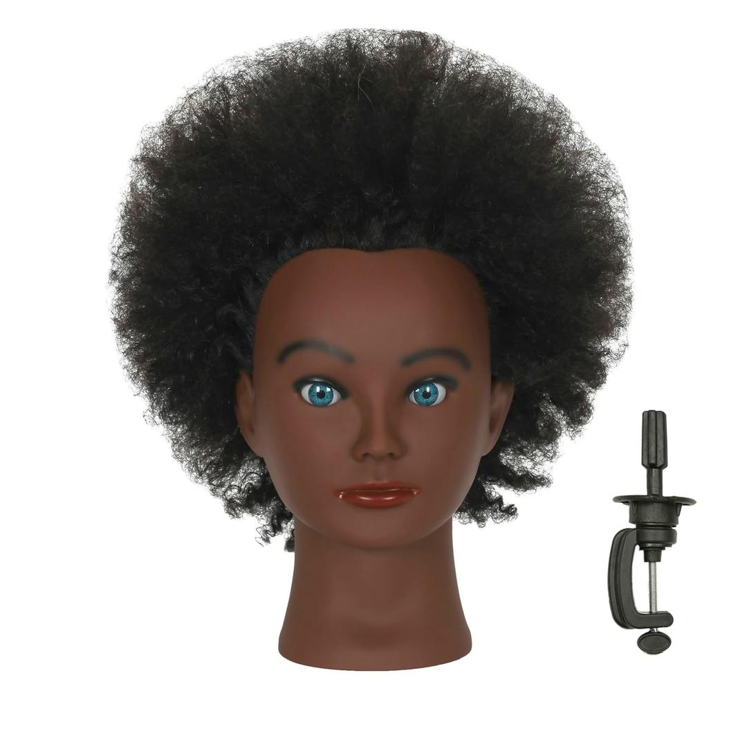 Real 100% Human Hair Kinky Curly Mannequin Head with Table Clamp Stand for Hairdresser Practice Braiding Styling Manikin Cosmetology Doll Training Head Bleaching Dyeing Curling Updos, Natural 