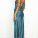 Summer Satin Spaghetti Strap Cowl Neck Backless Midi Dresses for Women Elegant Tie Low Back Ruched Cocktail Dress (Blue, M)