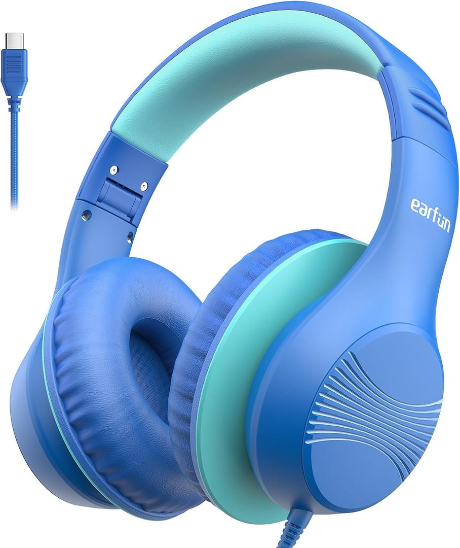EarFun K3 Kids Headphones, USB Type C Over Ear Headphones for Kids, Volume Limit, HD Stereo Sound, Comfortable Fit, Foldable Wired Headphone for School/Travel/Boys/Girls/Tablet/iPad, Blue
