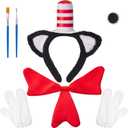 Cat Hat Costume Set with Cat Ears Headband, Bow Tie, White Gloves, Black Face Paint and 2 Brushes  Dress Up Kit for Hat Day, Halloween, Book Character Day, Reading Week