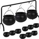 12 PCS Cauldron Halloween Decor, Large and Mini Black Plastic Hanging Cauldrons Serving Set, Spooky Witches Cauldron Desserts Candy Serving Bowls for Table Indoor Home Hocus Pocus Party Decorations