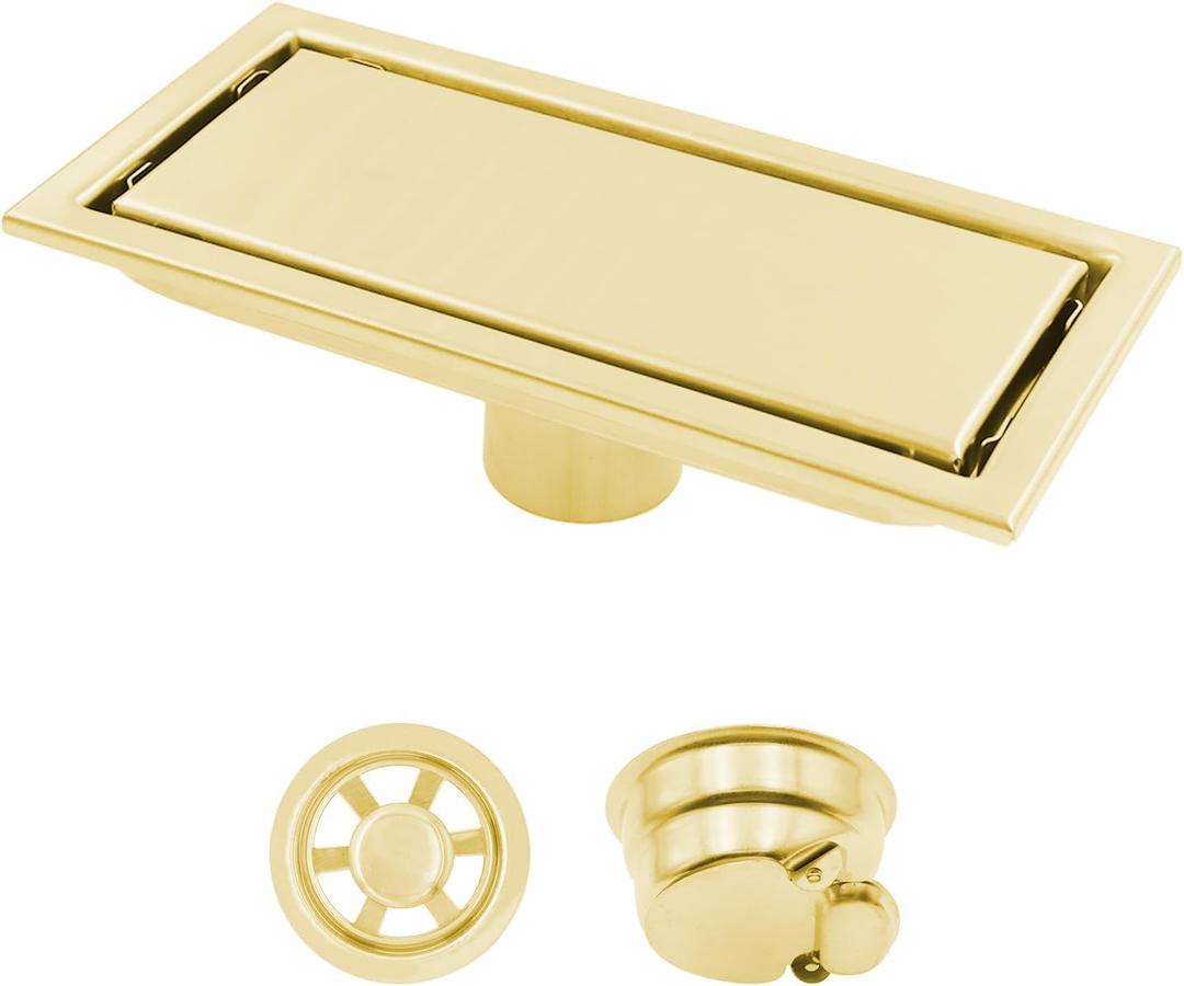 Linear Shower Drain,ULIFESTAR Stainless Steel Tile Insert Grate,Long Channel Rectangular Floor Drain,1PC Floor Drain with Removable Square Hole Panel (Gold, 10 * 20 * 5.8cm/3.93 * 7.87 * 2.28")