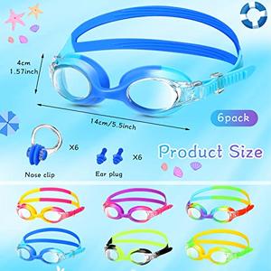 Macarrie 6 Pcs Kids Swim Goggles No Leaking Anti Fog Swimming Goggles for Kids Boys Girls with Nose Clip Earplugs, Age 3-14