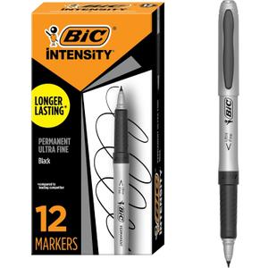 BIC Intensity Black Permanent Markers, Ultra Fine Point, 12-Count Pack of Black Markers With Non-Slip Grip for Comfort and Control