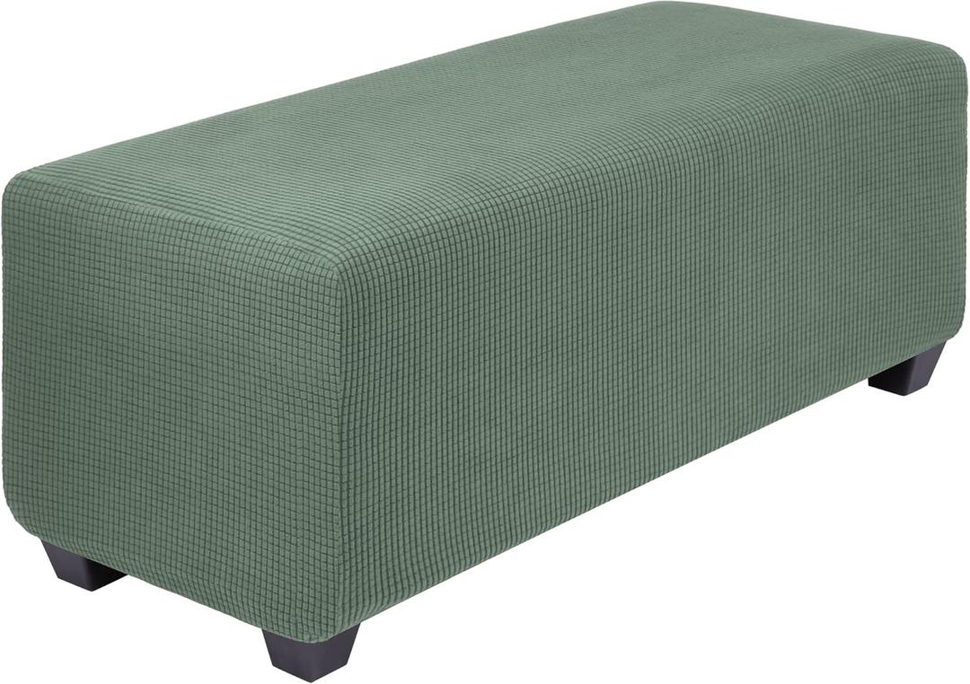 PiccoCasa High Stretch Ottoman Cover with Elastic Bottom, Soft Slipcover Jacquard Fabric Small Checks Rectangle Storage Stool Cover Furniture Covers X-Large Asparagus