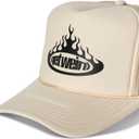 Flame Cap, Funky Streetwear Hat with Bold Graphics, Trucker Fit, Breathable Mesh Back and Curved Brim, Cream, One Size