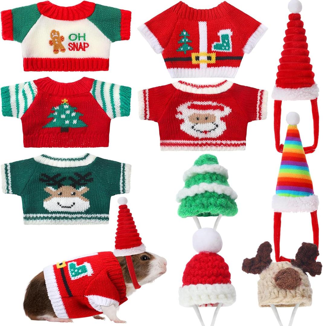10 Pcs Guinea Pig Clothes, 5 Guinea Pig Costume Outfit, 5 Mini Hat with Adjustable Strap Small Animal Warm Vest Sweater Cozy Hand Knitted Hat for Hamster Bunny(Classic,XXS)