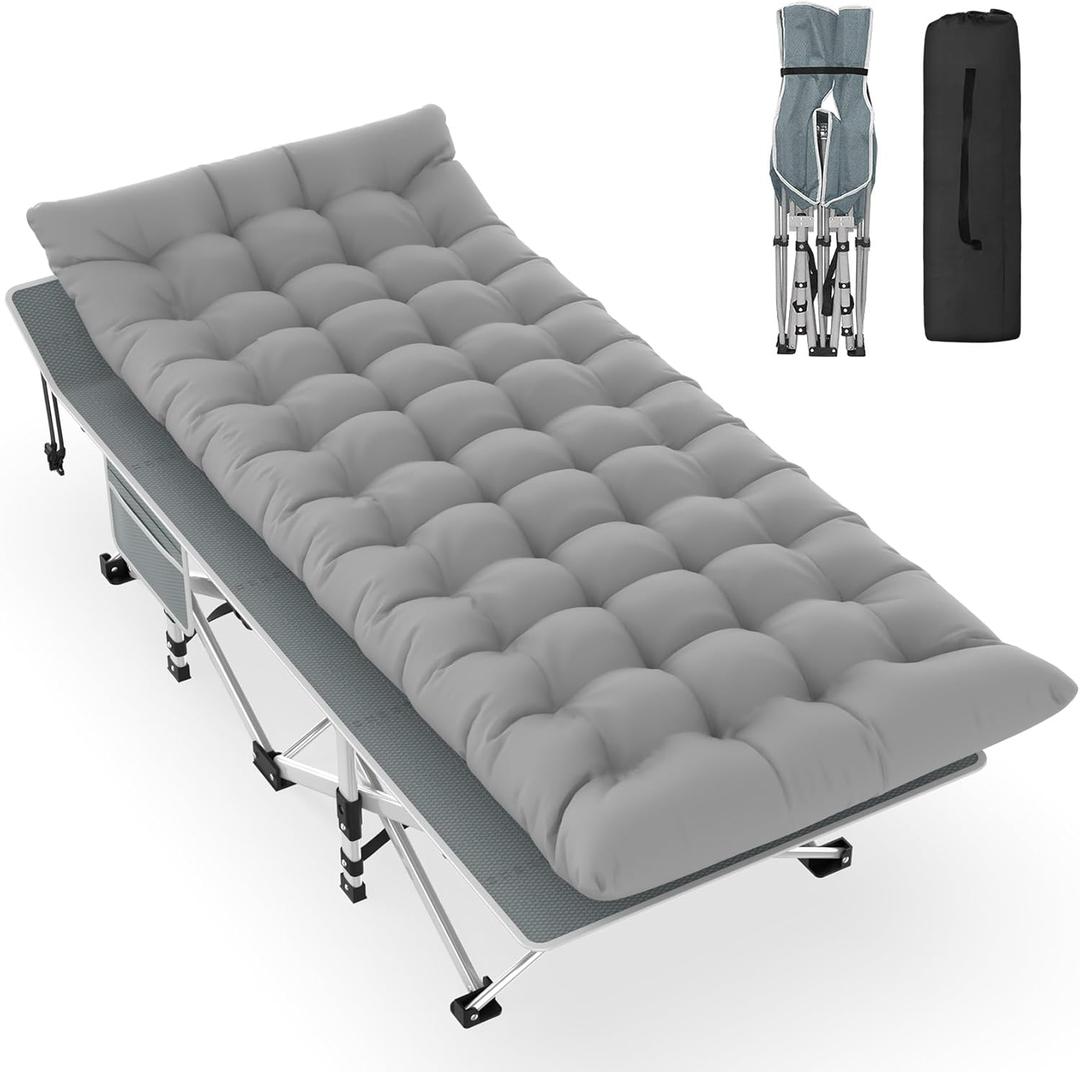 Slendor Camping Cot, Folding Camping Cots for Adults with Mattress, Portable Camping Bed, Sleeping Cot with Pillow & Carry Bag for Office Home Nap, Outdoor, Camping, Travel, Max Load 500lbs (Light Gray)