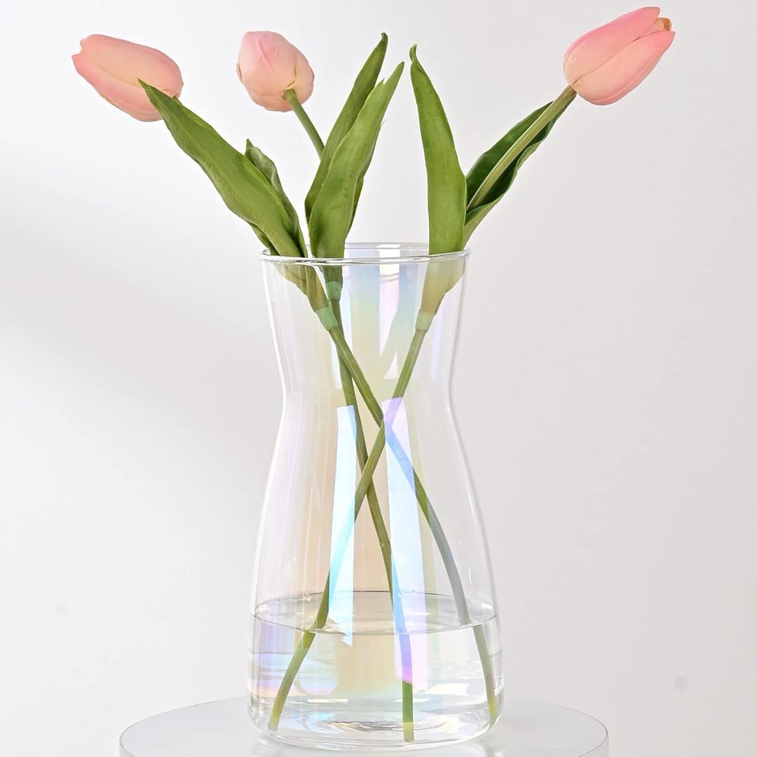 8 inch Iridescent Glass Flower Vases for Centerpiece Table Home Indoor Desk Decor,Ins Modern Boho Style Vase for Wedding Housewarming Gift