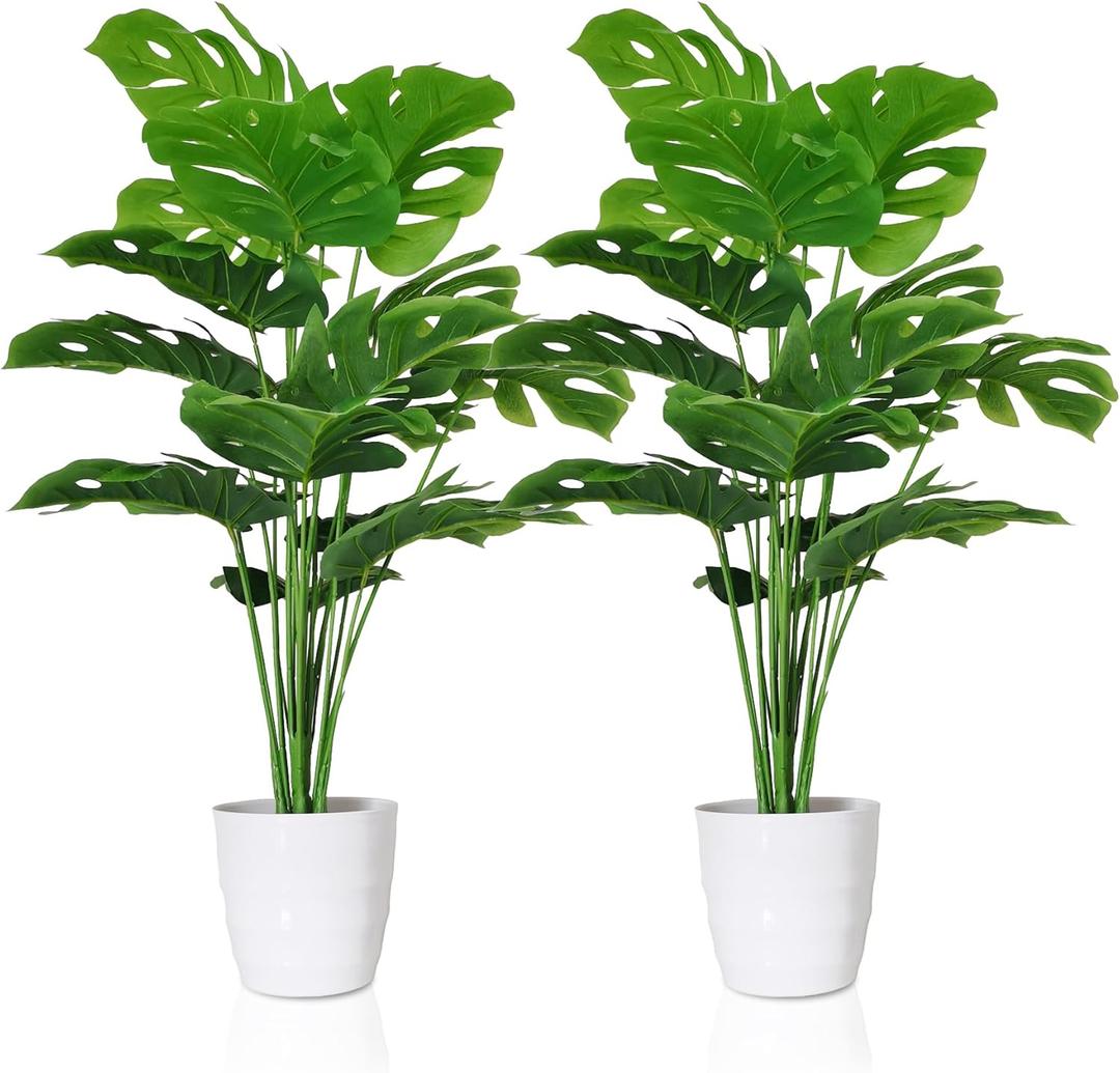 SAJANDAS Set of 2 Artificial Monstera Deliciosa Plants in Pots, Fake Tropical Palm Tree with Greenery Leaves Stems, 28 Inch Artificial Cheese Plant for Home Bathroom, Office, Windowsill Decor