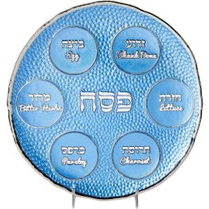 Rite Lite Blue Pebble Glass Seder Plate  Elegant Round Passover Plate with Silver Accents, Hebrew & English Labels, 12" Handcrafted Dish for Table Decor & Pesach Holiday Gift