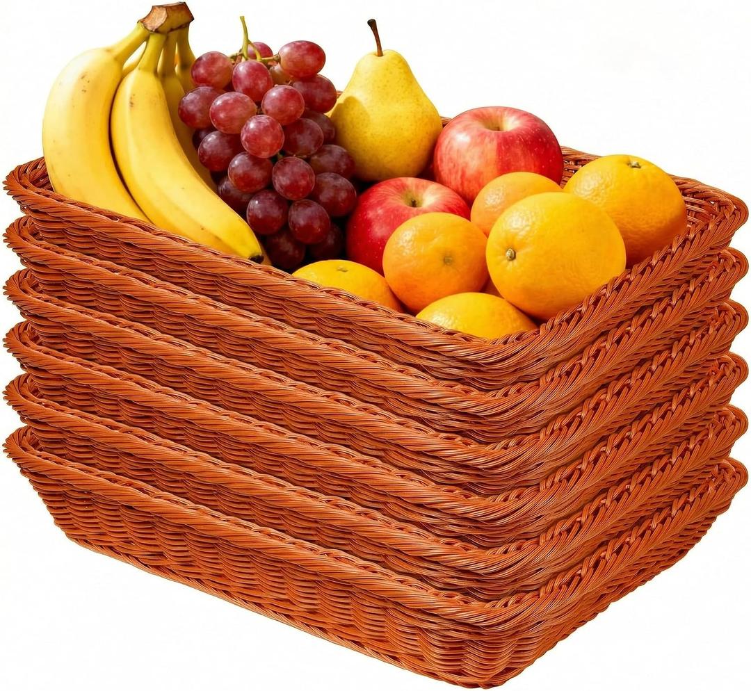 Wicker Bread Baskets for Serving 6 Pack, 15.8 Inch Large Rectangular Woven Baskets, Rattan Tray Organizer for Bread, Fruit, Vegetables, Snacks, Kitchen, Dining Table & Restaurant Tabletop