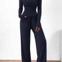 PRETTYGARDEN Women's 2 Piece Lounge Sets Asymmetrical Long Sleeve T Shirt Wide Leg Pants Casual Outfits Tracksuit (Navy,Large)