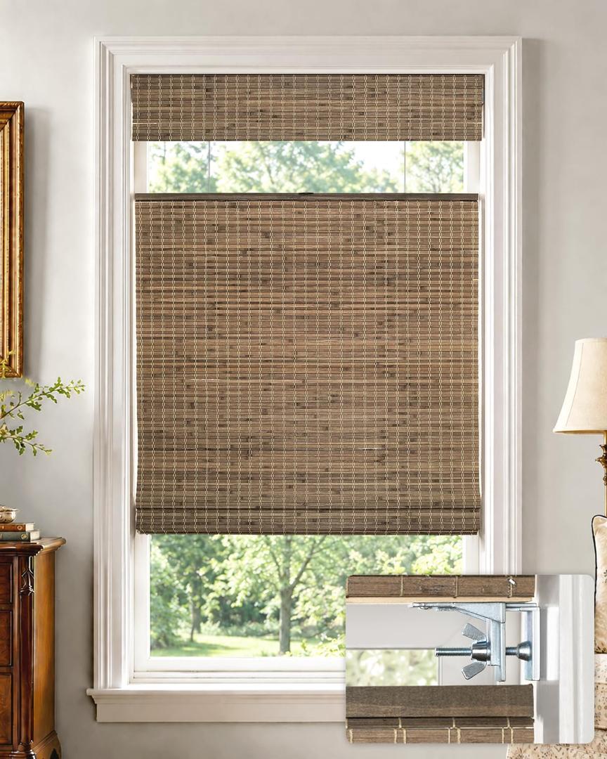 No Drill Cordless Bamboo Roman Shades, 28" W × 48" H, Driftwood