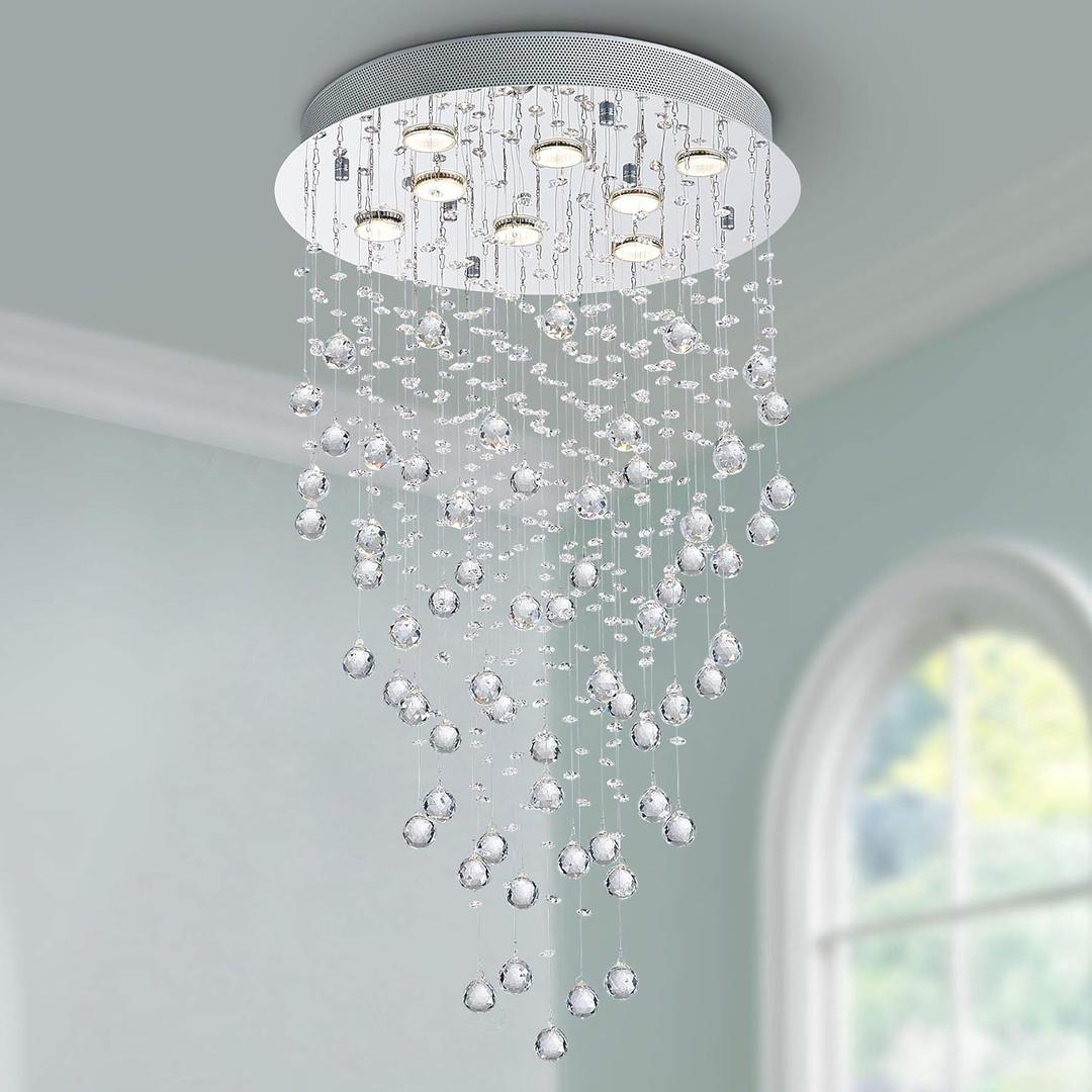 Bestier Modern Crystal Round Raindrop Chandelier Lighting Flush Mount LED Ceiling Light Fixture Pendant Lamp for Dining Room Bathroom Bedroom Livingroom 8 GU10 Bulbs Required 20 in Wide 34 inch High