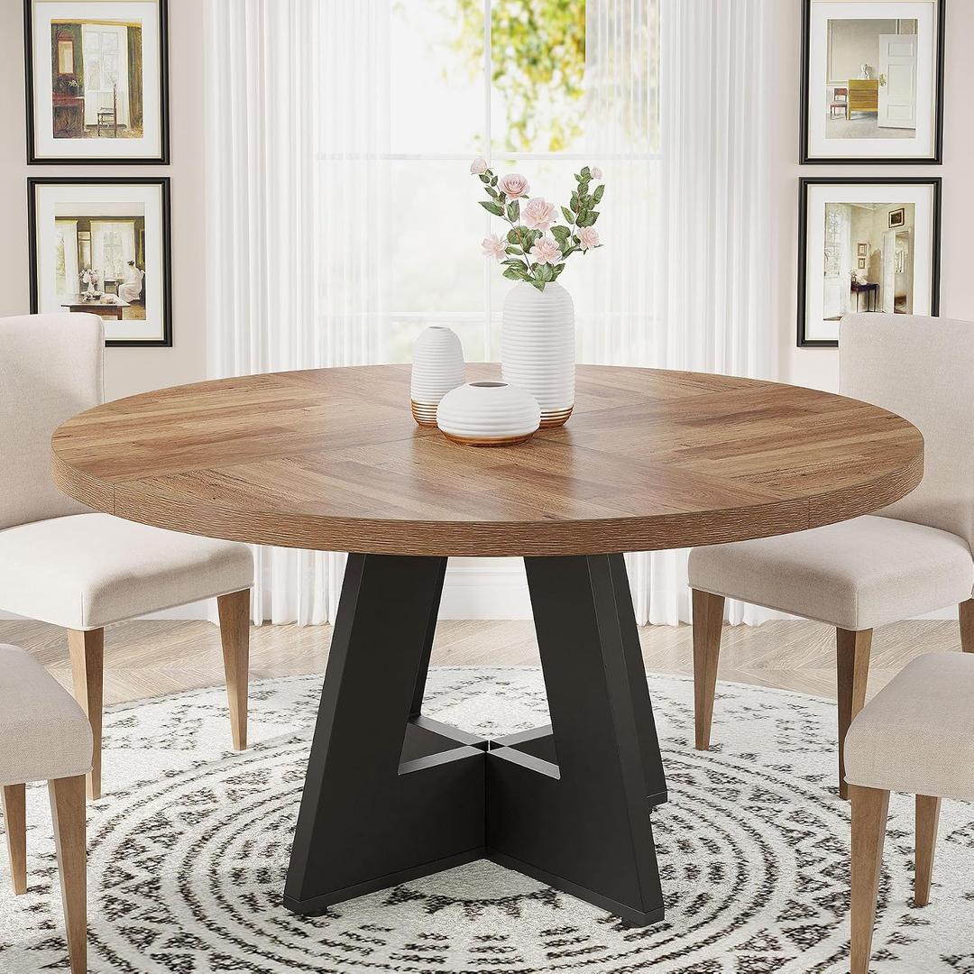Tribesigns 47 inch Round Dining Table Wood Kitchen Table for Dining Room, 47" Dinner Room Tables for 4-6, Farmhouse Accent Furniture with Wooden Tabletop and Cross Base, Brown+Black, 47.25" x 47.25" x 29.5" inches