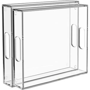 2 Pack Serving Tray with Handles, Clear Acrylic Tray for Serving Food, Large Outdoor Food Trays for Eating, Lucite Acrylic Trays for Appetizer, Pizza, Fruit and Drinks, Unbreakable, 16"x12"