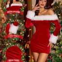 Christmas Party Sexy Dresses- Womens Off The Shoulder Long Sleeve Fur Trim Velvet Ruched Bodycon Club Mini Dress (S)