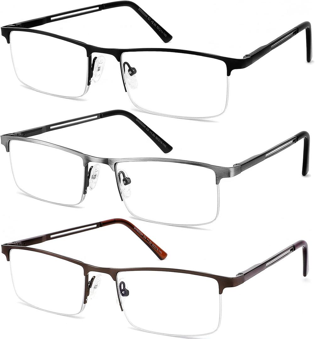 3 Pack Reading Glasses for Men Blue Light Blocking, Lightweight Metal Rectangle Semi Rimless Readers for Men, Anti Eyestrain/UV, Half Frame Spring Hinge Eyeglasses with Pouches 250