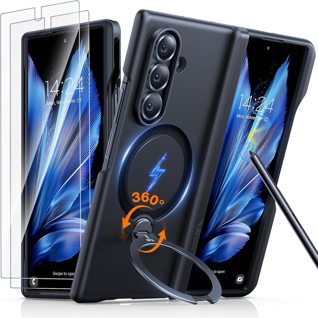 TORRAS 360 Spin Magnetic Stand for Galaxy Z Fold 7 Case with S Pen Holder, [MIL-Grade Hinge Protection] [Fit for Magsafe] [360 Kickstand & Ring Holder], Armor Slim for Samsung Galaxy Z Fold 7, Black
