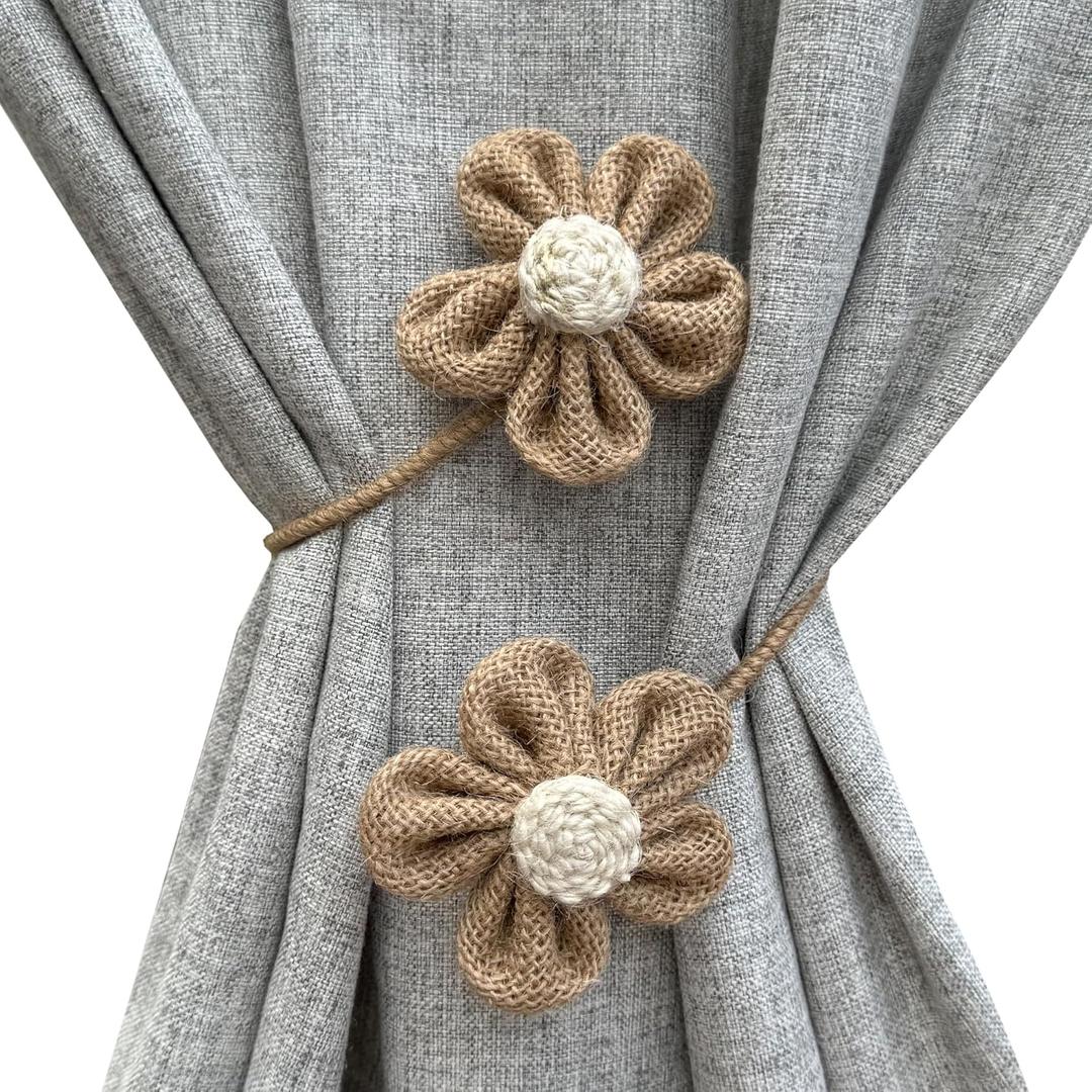 Curtain Tie Backs for Curtain Drapes, Boho Decor Holdback Farmhouse TieBacks for Blackout/Sheer Curtains, Jute Rope with Flower, Natural Decor Shabby Chic Drapery Holder, Pack-2