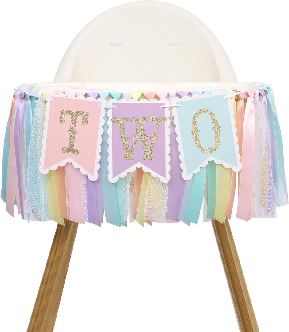 Rainbow High Chair Banner for 2nd Birthday - Baby Girl Rainbow Smash Cake for Photo Props, 2nd Birthday Photo Backdrop, Macaron Colored Ribbon