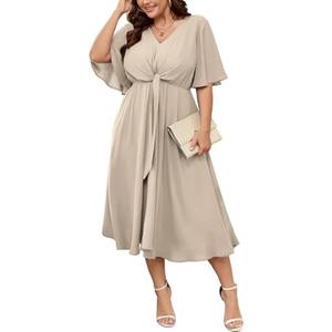 SCOMCHIC Women Plus Size Midi Dresses Wedding Guest Short Sleeve V Neck Tie Waist Casual Summer Flowy A Line Dress, 2XL