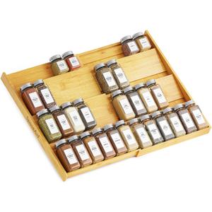 SpaceAid Bamboo Spice Drawer Organizer, (Need 3" Deep Drawer) Expandable 4 Tier Spices Rack for Cabinet, Kitchen Seasoning Storage Insert (Jars Not Included, From 12" to 23" Wide) (Natural)