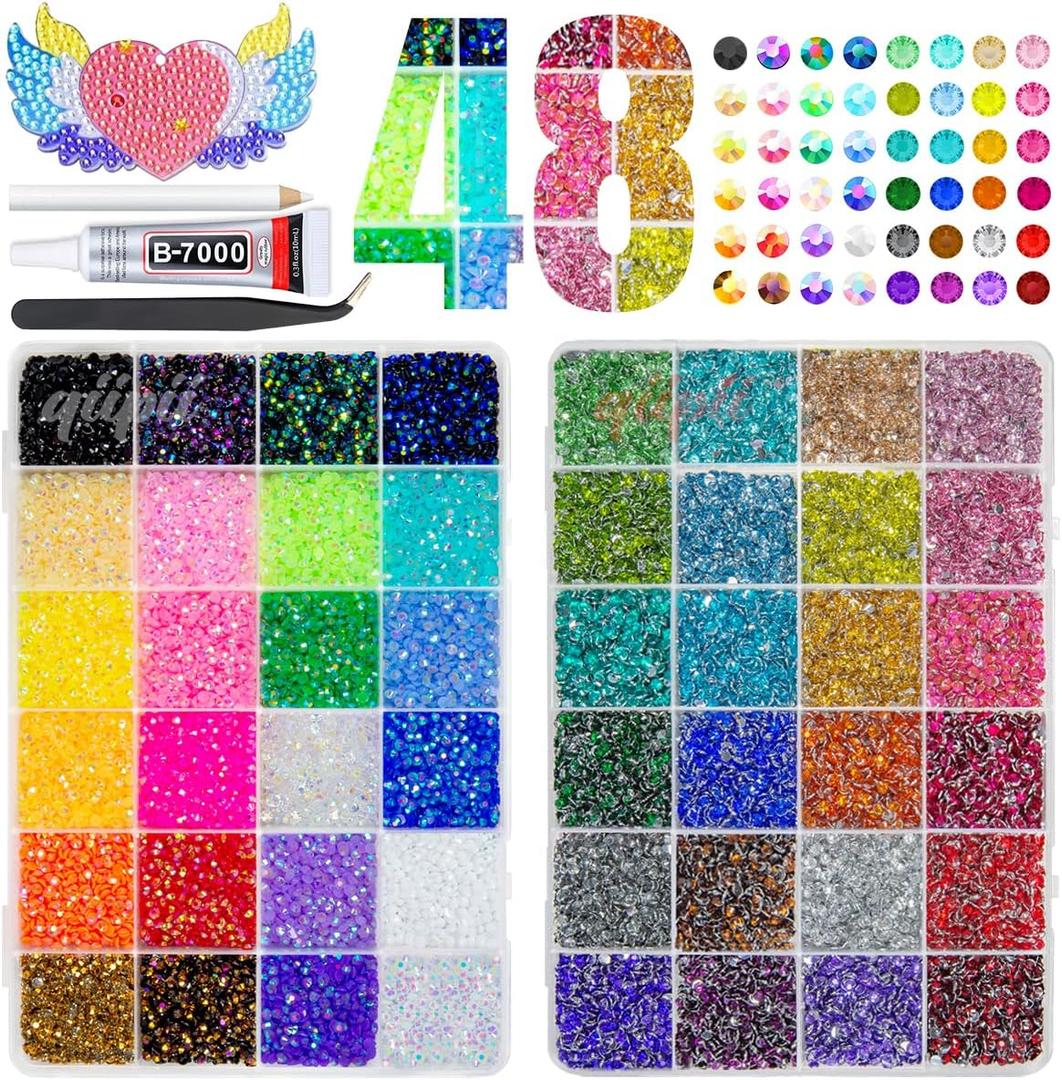 Qiipii 48 Color 3mm Jelly AB & Crystal Colorful Resin Rhinestones for Bedazzling Crafting SS10 Flatback Stones Gems Diamonds Charms for Nails Eyes Face Makeup Beauty Tumblers Bottles DIY Crafts Shoes