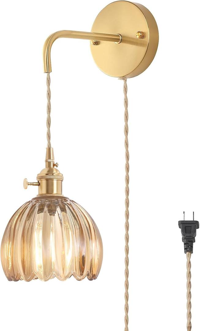 Vintage Wall Sconce Wall Lamp with Amber Tulip Glass Shade Hanging Wall Sconce with 4.9FT Plug in Cord, Modern Wall Lamp Fixtures Decor for Bedside Bedroom Indoor Doorway