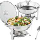 VEVOR Chafing Dish Buffet Set, 4 Qt 2 Pack, Stainless Steel Chafer w/ 2 Full Size Pans, Round Catering Warmer Server w/Vented Glass Lid Water Pan Stand Fuel Holder Hook Spoon, at Least 4 People Each (Sliver)