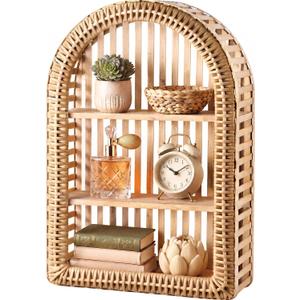 Rattan Wall Shelf - 3 Tier Boho Arched Wicker Hanging Shelves, 20.1 x 12.2 x 4.4 inches