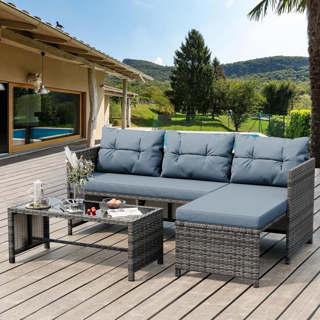 Shintenchi Outdoor Patio Furniture Sets, Wicker Patio sectional Sets 3-Piece, All Weather Wicker Rattan Patio Seating Sofas with Glass Coffee Table and Cushion (Blue Grey) Shintenchi Outdoor Patio Furniture Sets, Wicker Patio sectional Sets 3-Piece, All Weather Wicker Rattan Patio Seating Sofas with Glass Coffee Table and Cushion (Blue Grey)
