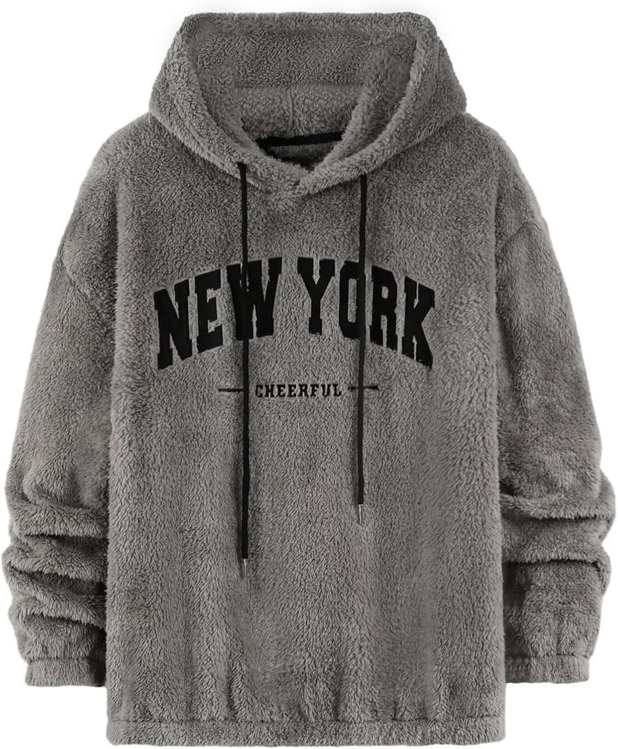 Verdusa Men's Fuzzy Hoodie Sweatshirts Embroidered Letters Furry Fleece Long Sleeve Pullover Tops Winter Clothes (Gray, L)