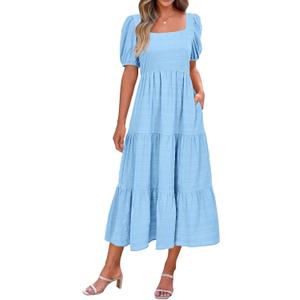 PRETTYGARDEN Women's Summer Dresses 2026 Puff Sleeve Square Neck High Waist Smocked A-Line Flowy Loose Fit Midi Dress (Blue, S)