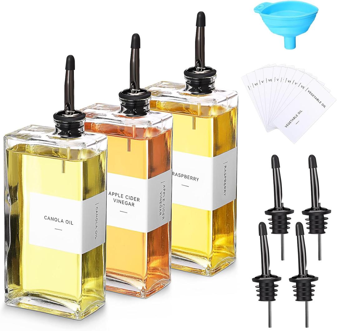 Reallnaive 3 Sets Olive Oil Dispenser Bottles for Kitchen with Nozzles Funnel Labels Cooking Oil Dispenser 500ml Set for Kitchen Vinegar Coffee Syrup (Black)