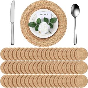 FoldTier 60 Pcs Round Placemats Bulk Plate Chargers Set 11.8 Inch Woven Placemat Rustic Braided Straw Rattan Charger Natural Water Hyacinth Place Mat for Wedding Party Table Single Tableware Use