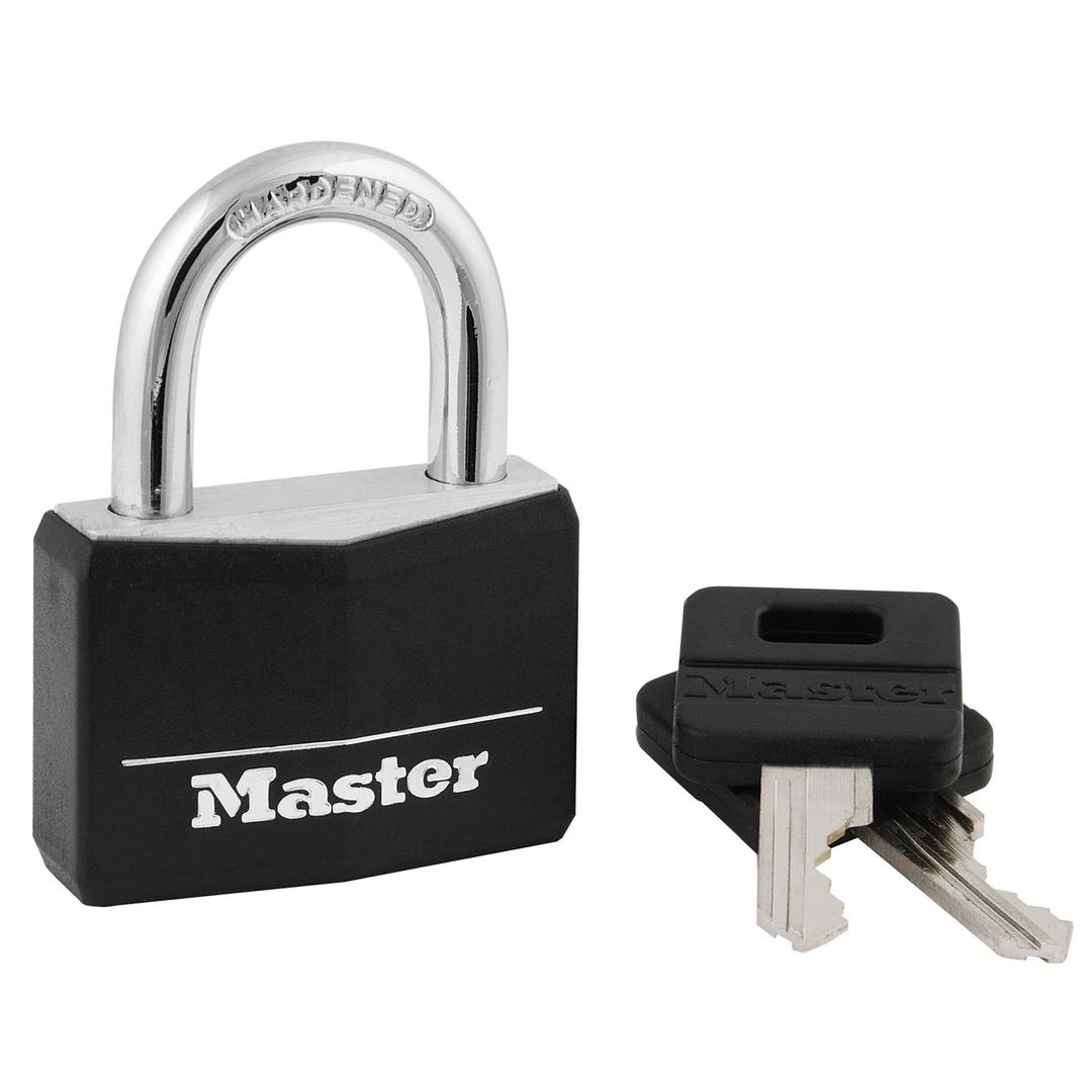 Master Lock Black Covered Aluminum Padlock, Gym Locker Lock with Key for Indoor or Outdoor Use with Vinyl Weather Resistant Cover, 141D pack of 4