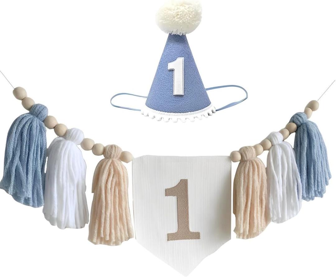 1st Birthday Decorations for Baby Boy Blue Handmade High Chair Banner with Cone Hat for Boy First Birthday Wall Hangings Decorations