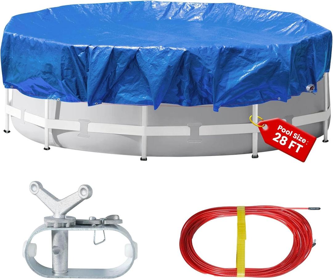 32 Ft Round Heavy Duty Winter Pool Coverfor 28ft Above Ground Pool,Cold and UV Resistant, Weatherproof and Durable, Winch & Cable Included (Blue/Black,Cover Diameter 32')