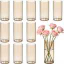 12pcs Amber Glass Cylinder Vases for Centerpieces, Gold 6 Inch Clear Flower Vases for Wedding Decorations and Indoor Home Decor, Hurricane Candle Holder for Table Shelf, Party