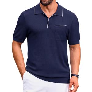 Cotrasen Mens Casual Knitted Polo Shirts Short Sleeve Collared Knit T Shirts Summer Golf Shirts with Pocket (XX-Large, Navy)