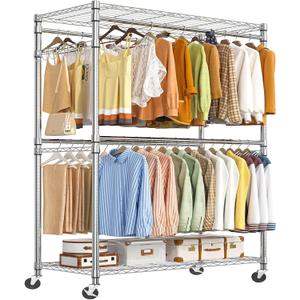 Simple Trending Heavy Duty Clothes Rack Clothing Rack with Wheels and 4 Hanging Rods, Adjustable Rolling Garment Racks, Load 560 LBS, Chrome
